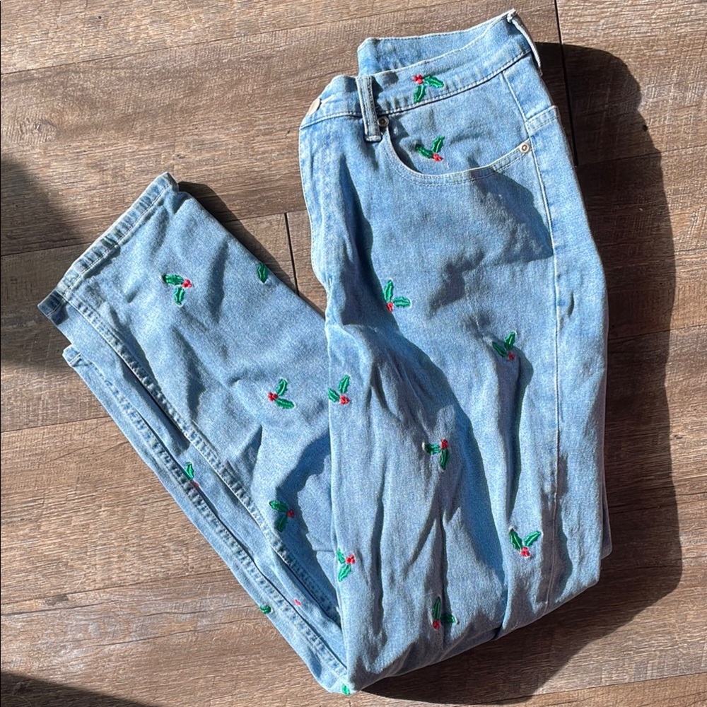 Vintage the quacker factory Christmas holly embroidered denim straight leg jeans